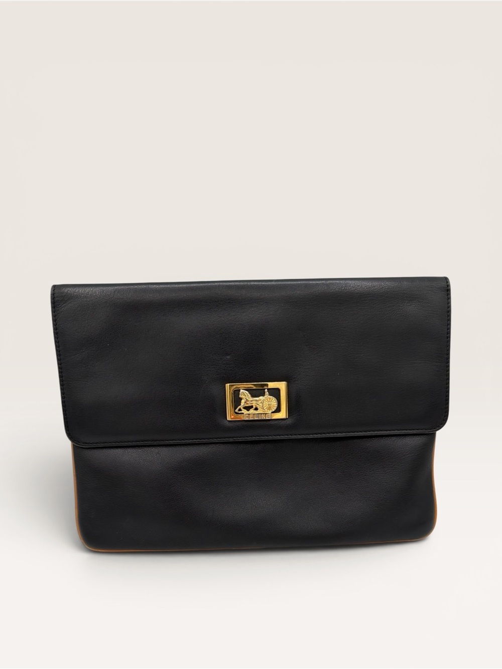 Celine Vintage Horse Carriage Leather Clutch Black Gold Logo Bag